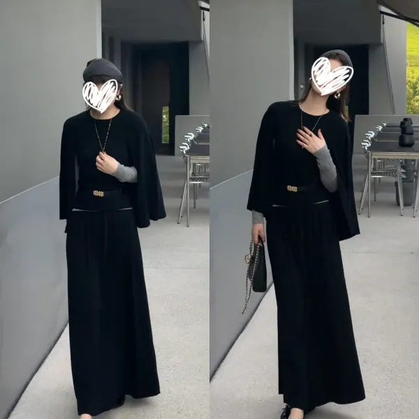 2025秋季新款斗篷式披肩连体高腰小众长款显瘦毛针织衫修身套装女