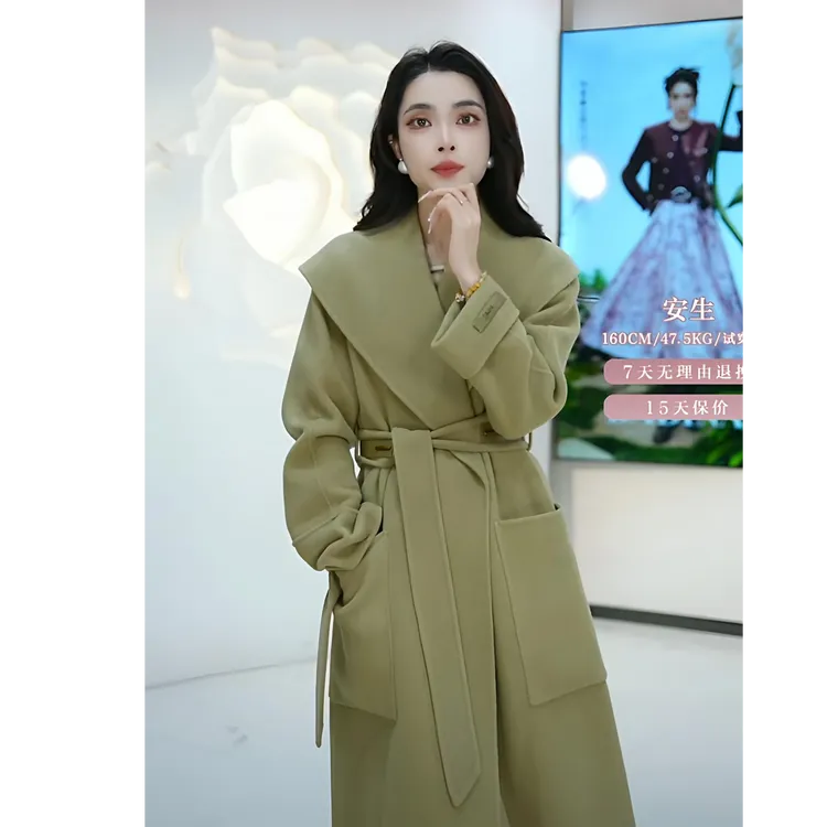 芭蒂娜豆沙绿全羊毛双面呢大衣女冬季气质毛呢外套134A045