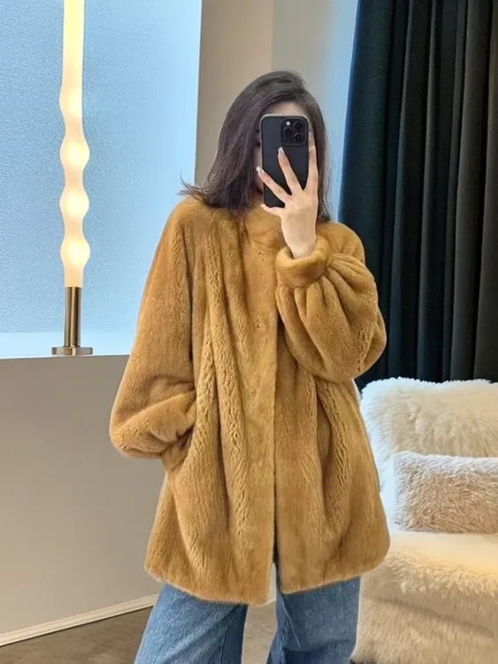 新款进口水貂皮草女整貂外套天鹅绒貂皮大衣立领时尚水貂外套女款