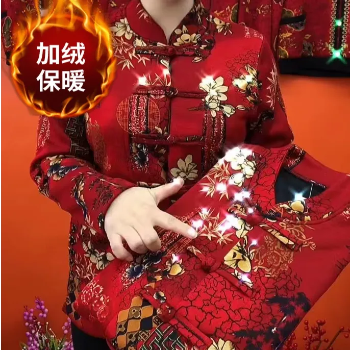 中老年妈妈秋冬款保暖外套2025新款国风印花加绒加厚女装时尚衬衫