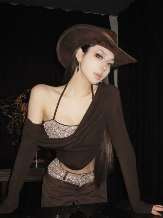 盒盒HEHE【霓幻】复古辣妹亮片拼接性感假两件上衣+亮片拼接长裤