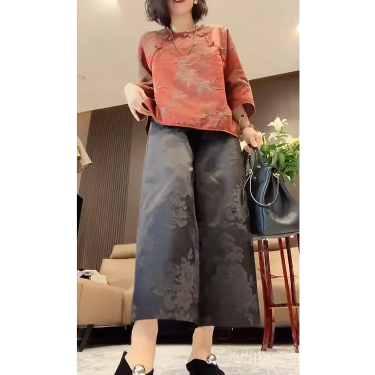 橘红色新中式蜗牛扣气质上衣新中式刺绣裤子套装复古民族风