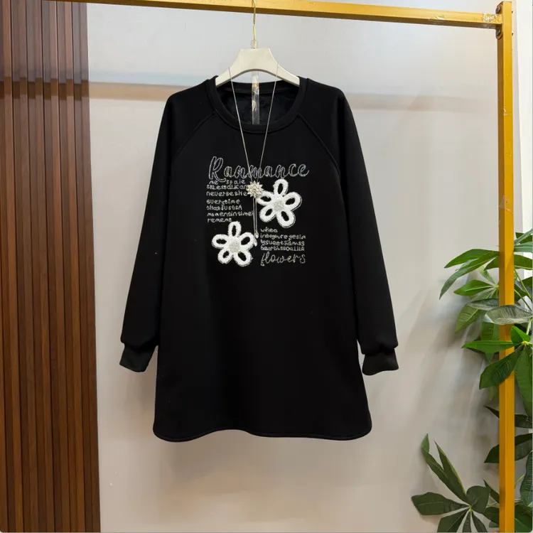秋冬大码新款宽松休闲复古文艺浪漫字母花语设计黑色加绒保暖卫衣