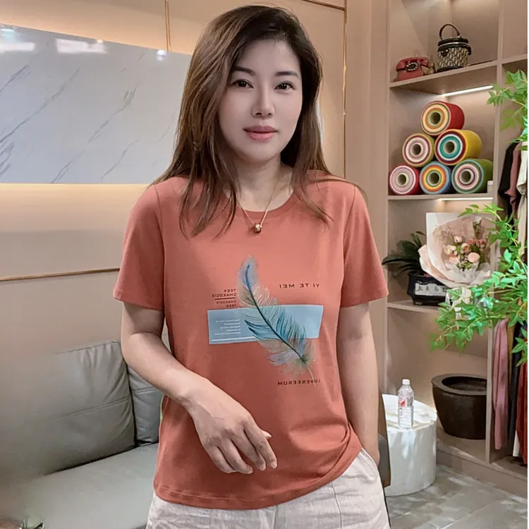怡特美【凤羽】夏季休闲宽松莱赛尔棉印花大板女装短袖t恤256678