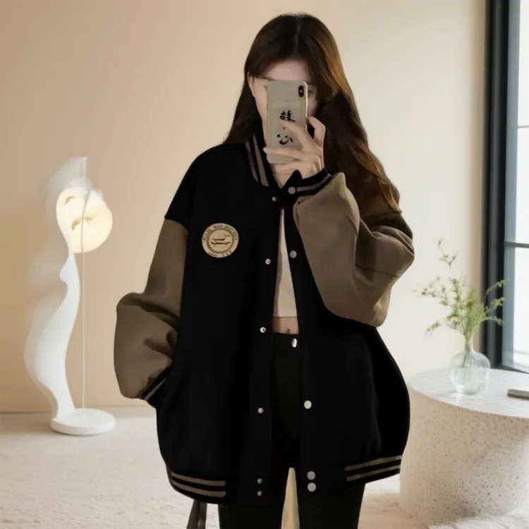 跨境慵懒风棒球服女秋冬加绒加厚复古宽松小众炸街高级感女装