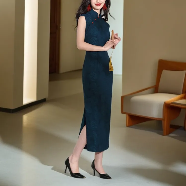 2025新款藏蓝色显白文艺书香气国风古法花瓣领高端旗袍中国风气质