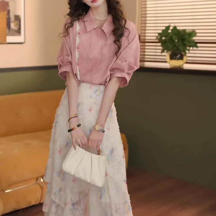 【乐章】2025夏季新款拼色T桖提花粉色短袖女宽松休闲上衣LK2503936