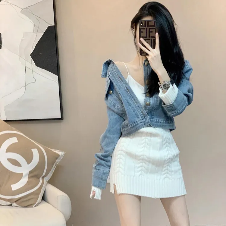 新款高级感洋气超火减龄女牛仔外套女短款针织连衣裙套装