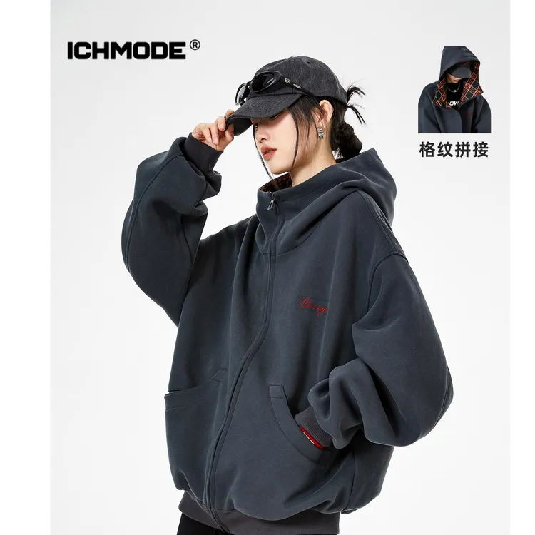 ICHMODE美式复古格子拼接卫衣外套女2025春秋新款运动开衫上衣