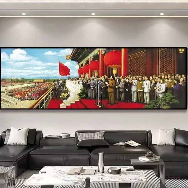 怀旧挂画海报办公室背景山水装饰画新中式客厅莫奈壁画墙画弹射