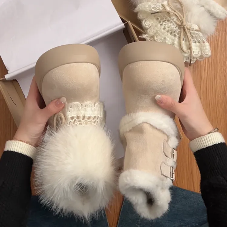 百搭六穿可拆卸加厚保暖雪地靴女2025新款冬复古费尔岛风毛毛棉鞋