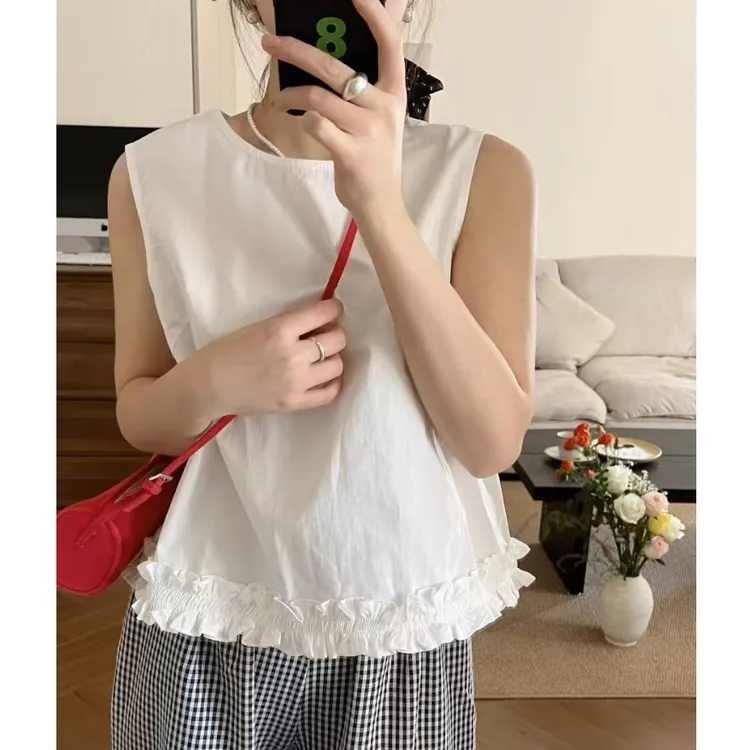 【棉】花边下摆设计无袖背心女2025夏季淑女气质小众纯色上衣9615