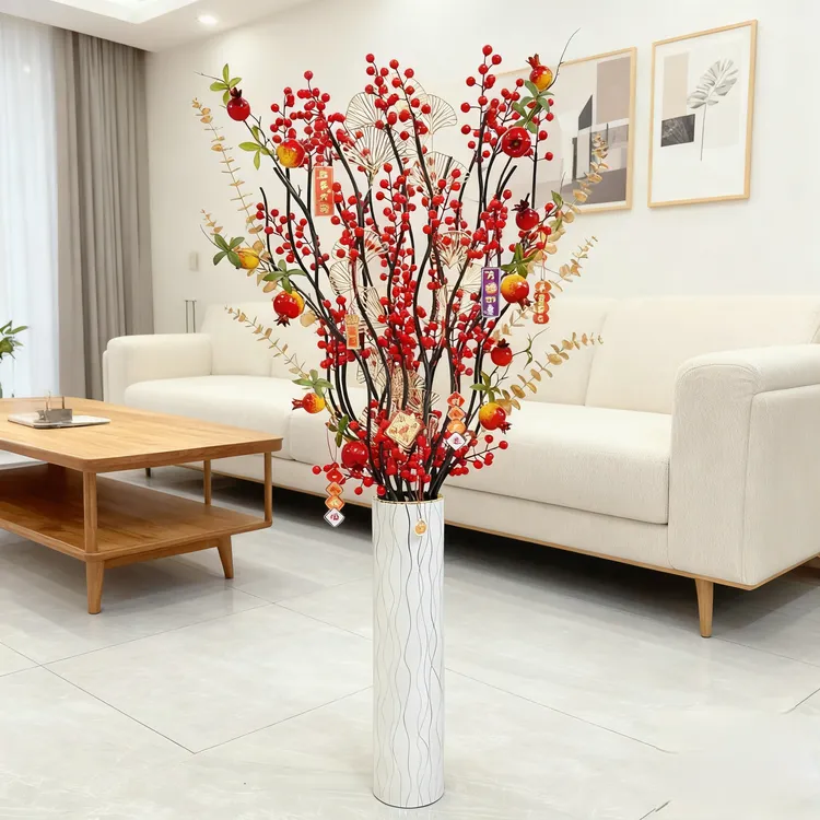 年宵花发财红果仿真花客厅落地花背景装饰摆件适用于婚庆乔迁场景