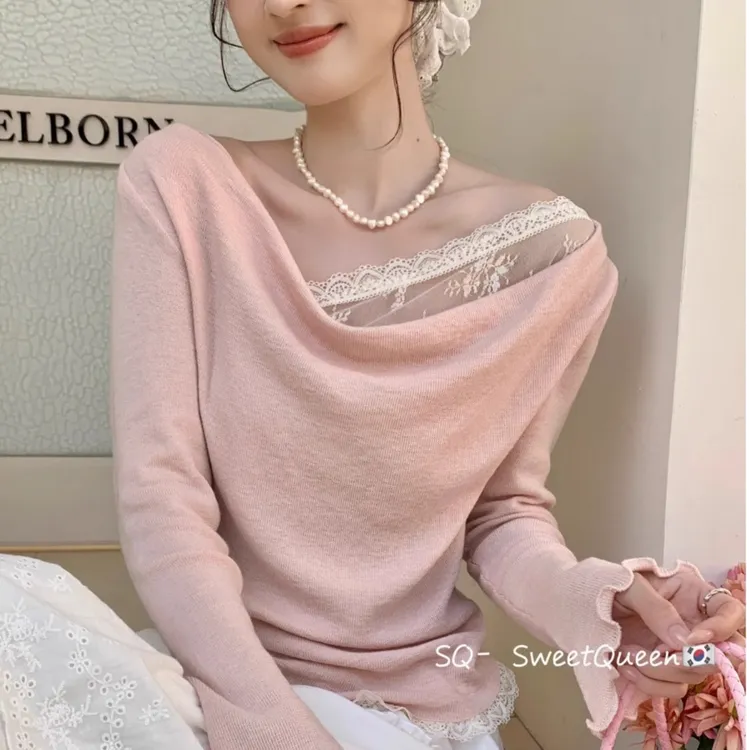 温柔风蕾丝长袖针织衫女2025春季时尚内搭打底衫胖MM遮肉显瘦上衣