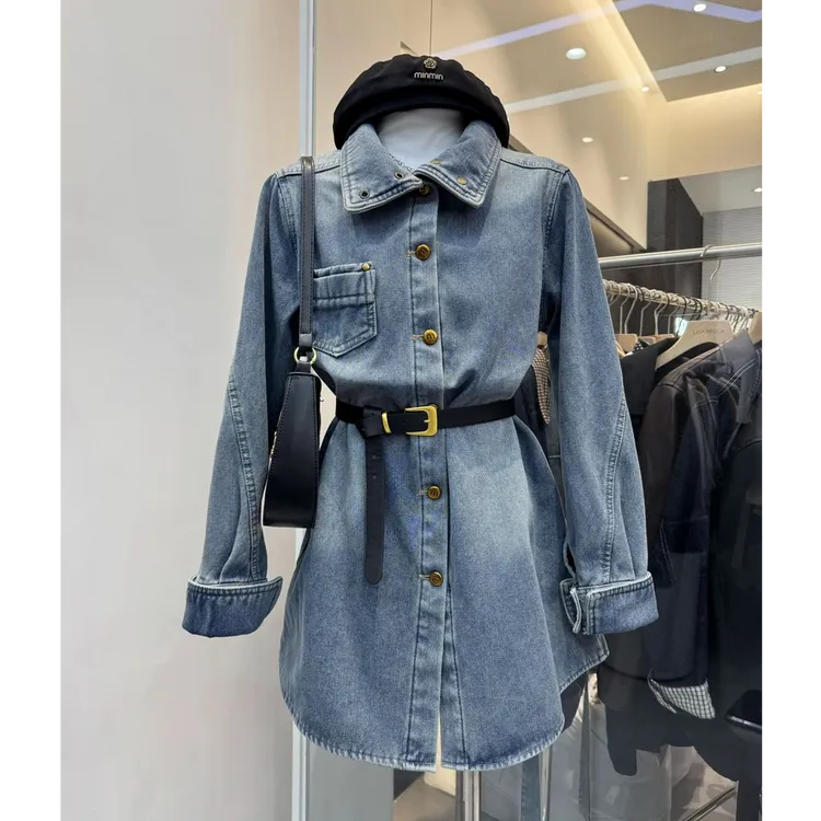 欧美慵懒风立领加绒加厚牛仔外套百搭宽松显瘦中长款衬衫加绒通勤