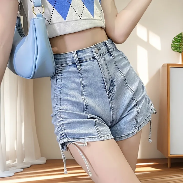 浅色抽绳三分裤紧身型短裤热裤时尚辣妹牛仔短裤显瘦高腰夏季9799