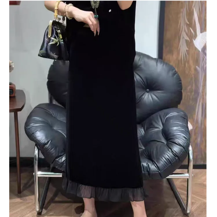 2025秋季新款薄款网纱拼接丝绒半身裙女高腰宽松显瘦洋气百搭长裙