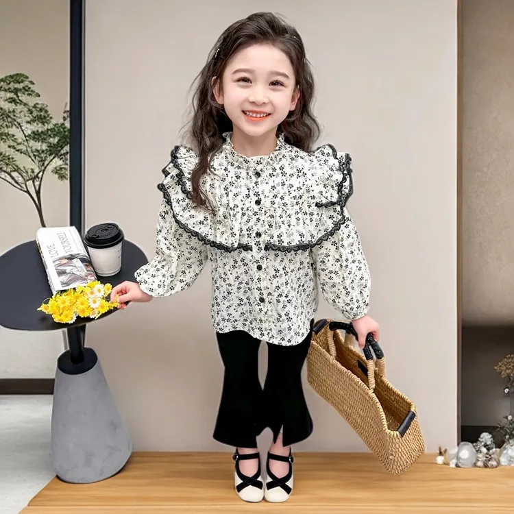 新款小童套装长袖薄款春秋碎花常娃娃领韩版女童衬衫秋款翻领时髦