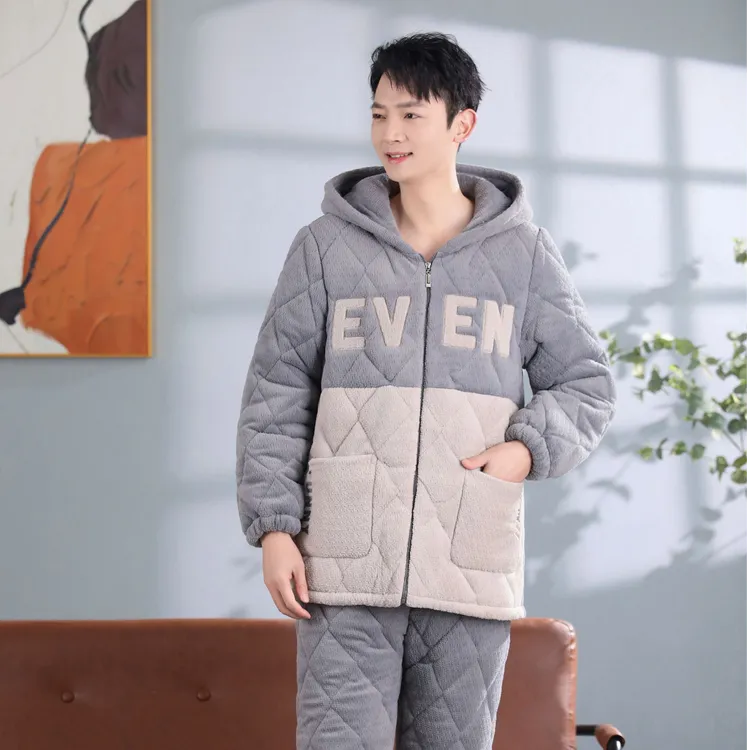 睡衣男士冬季冬天三层加厚夹棉袄珊瑚绒加绒冬款可外穿家居服套装