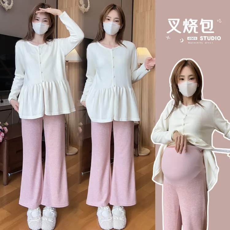 2025孕妇装新款流行高级感毛衣针织遮肚显瘦+托腹阔腿裤孕妇套装