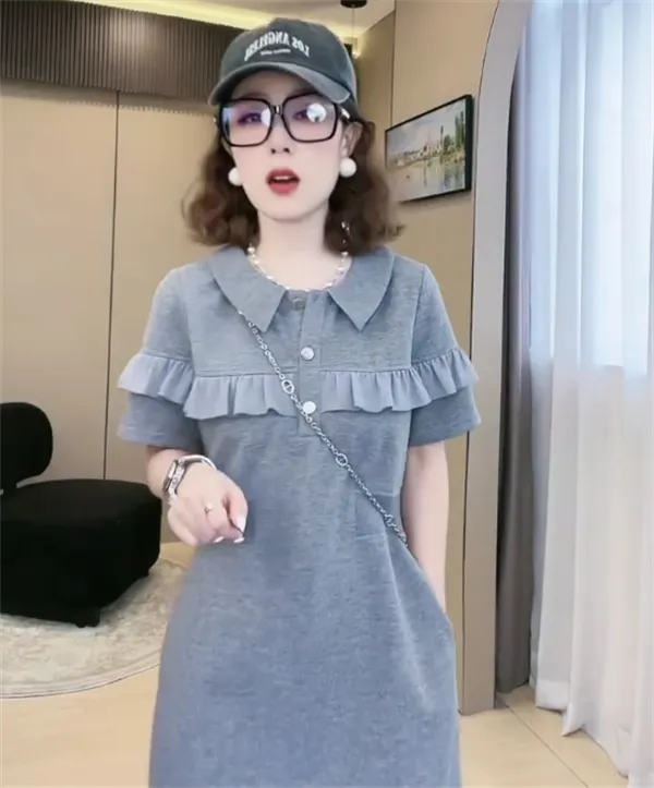 春夏新款时尚休闲娃娃领减龄百搭中长款连衣裙
