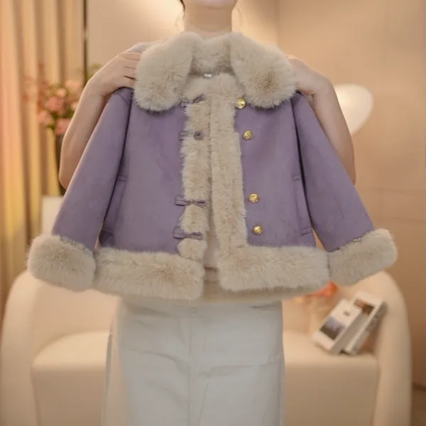 女童加绒加厚毛领外套2025新款中大童保暖上衣儿童皮毛一体外套潮