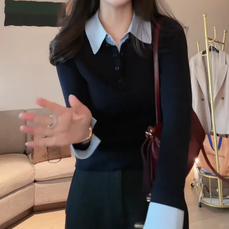 2025秋冬新款韩系时尚百搭撞色polo领针织衫LK2507876