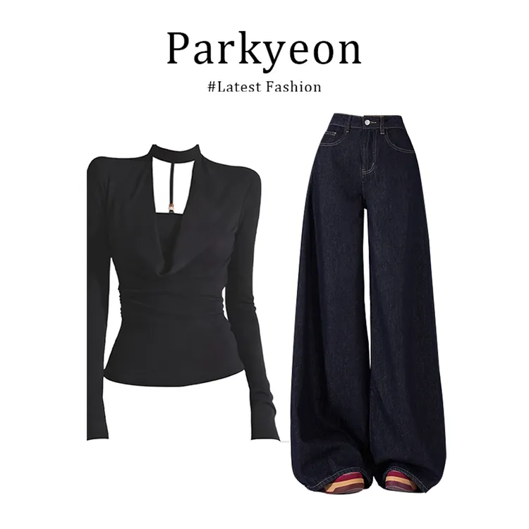 INS CEC性感风收腰显瘦黑色上衣假两件纯欲宽松休闲裤韩系两件套