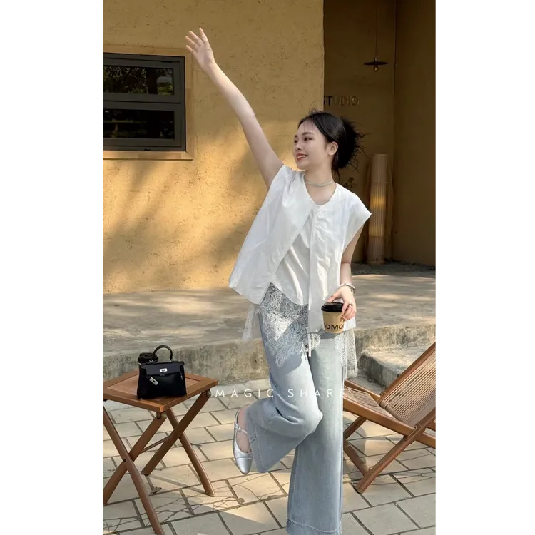 春季新款设计感圆领马甲女2025年新款宽松背心上衣短款马夹套装