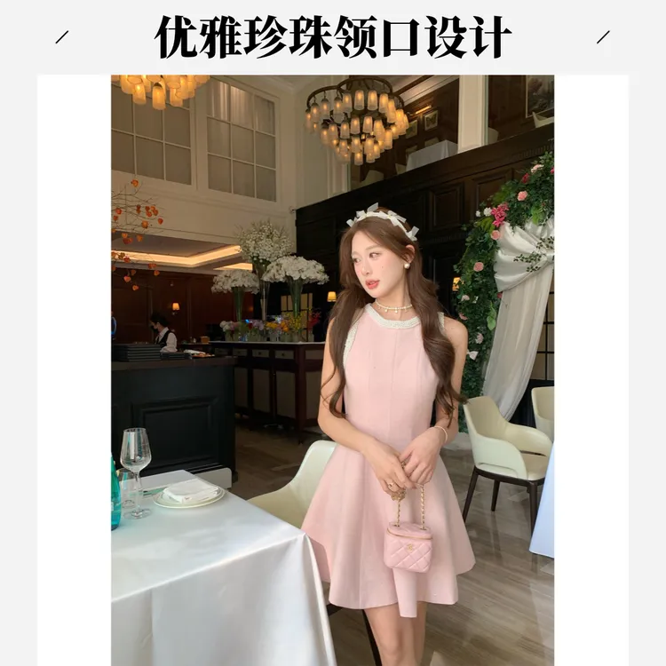 无袖套头显瘦不褪色高腰甜美连衣裙夏季时尚修身收腰裙子法式