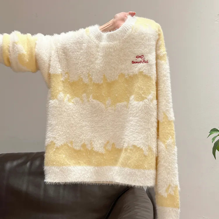 秋冬保暖针织拼接毛衣加绒长袖加厚刺绣蝴蝶结韩版上衣毛针织衫