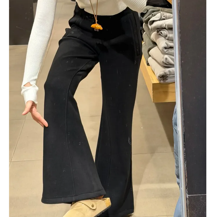 黑色微喇裤女大码胖mm高腰秋冬加绒加厚马蹄裤不贴腿喇叭运动裤