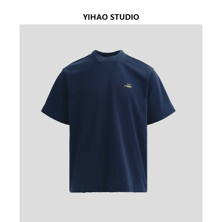 YIHAO STUDIO夏季新款男士时尚磨破纯棉T恤百搭休闲宽松圆领短袖