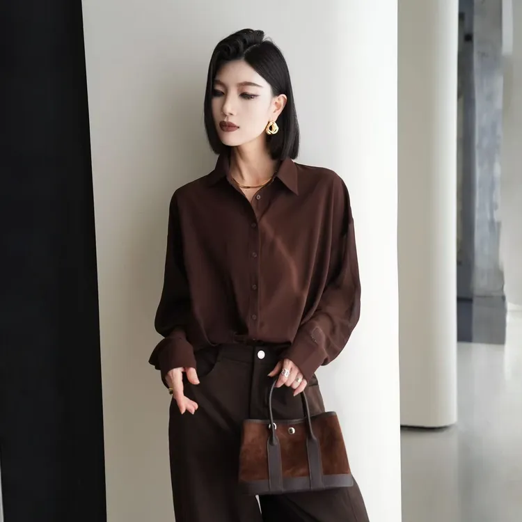 POPULARYW【秋容如拭】Z·R上品屋 简约休闲纯色褶皱翻领长袖衬衫