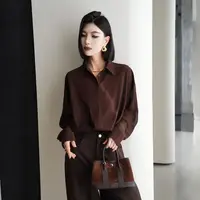 POPULARYW【秋容如拭】Z·R上品屋 简约休闲纯色褶皱翻领长袖衬衫