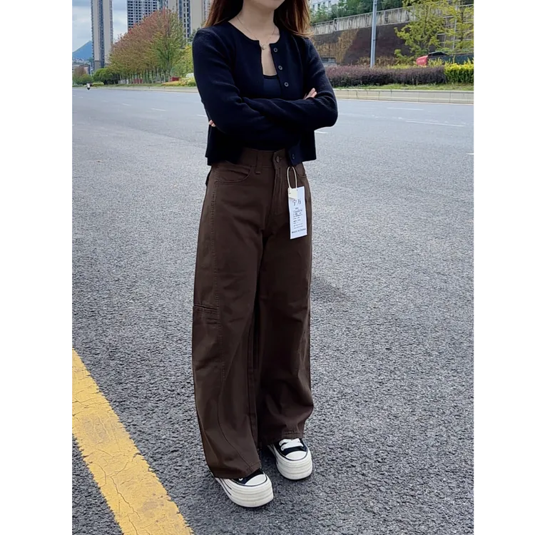 小个子美拉德裤子复古棕色工装裤阔腿女秋季街头辣妹宽松牛仔长裤