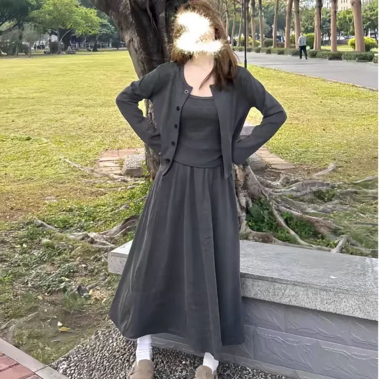 6107大码秋季新款韩系气质针织开衫吊带半身裙三件套显瘦小套装
