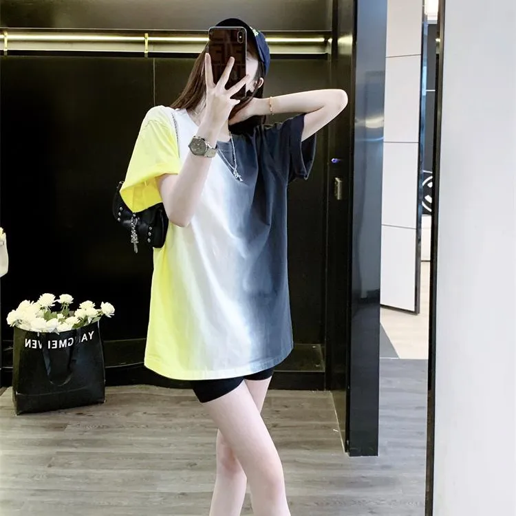 夏季渐变色ins短袖t恤韩版女宽松显瘦大版洋气设计感小众复古上衣