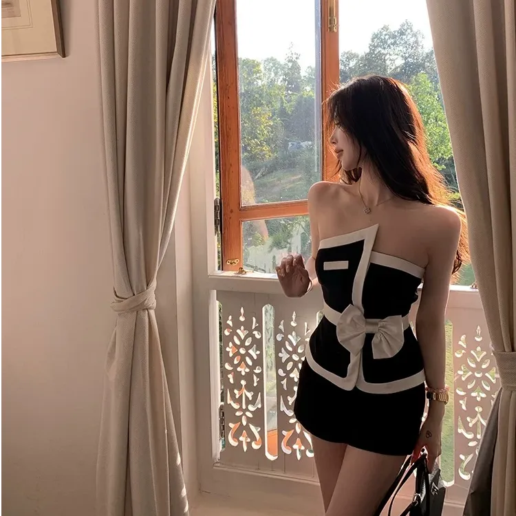 时尚洋气显瘦蝴蝶结不规则拼接抹胸上衣搭显瘦黑色热裤女