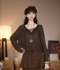 【不能机洗】唐乐乐｜25new秋冬V领亮片宽松遮肉小众长袖上衣 BF1855