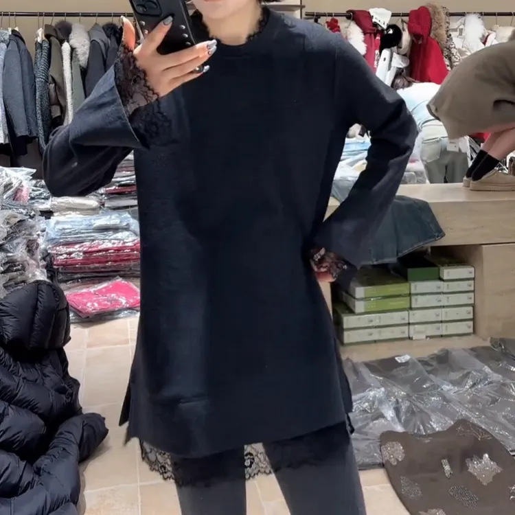冬季新款磨毛宽松长版拼接显瘦百搭时尚打底衫T恤上衣LK2509132