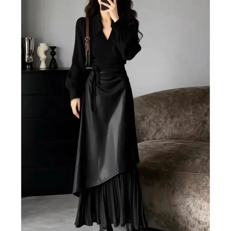 时尚轻奢御姐洋气别致大码胖mm气质设计感系带上衣+皮裙459625