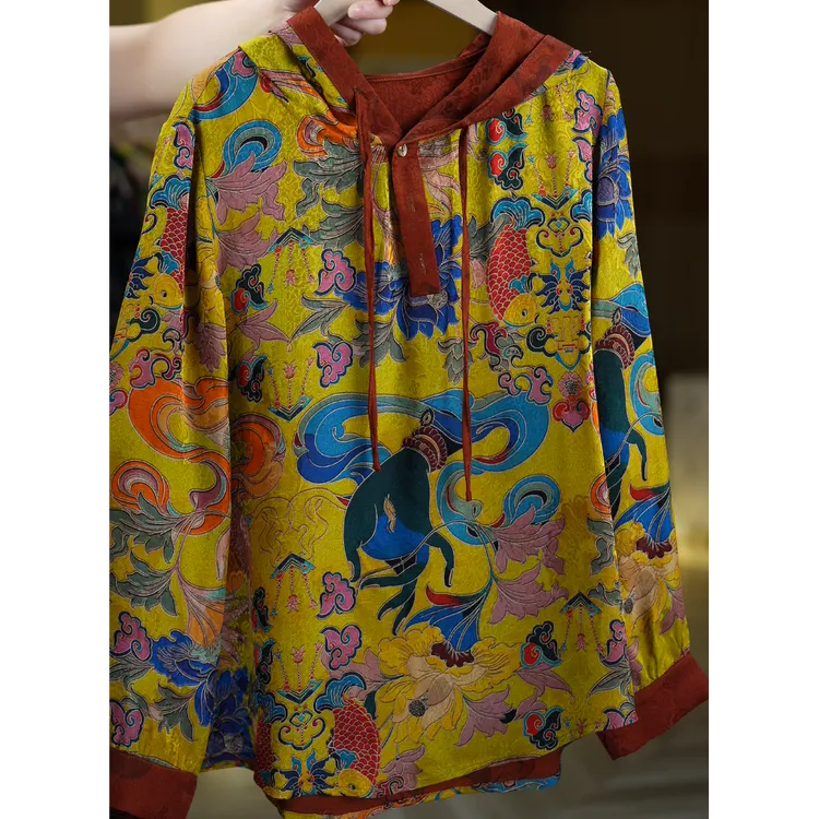 蝉羽衫《非遗美学》1118复古印花时尚减龄连帽上衣