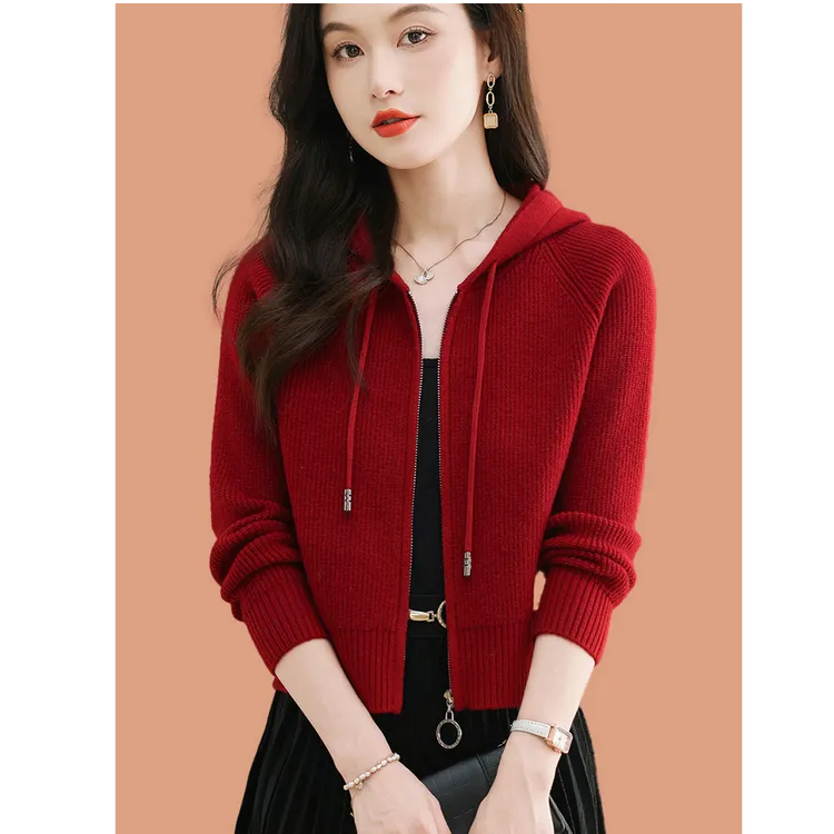 鄂尔多斯市纯100羊毛衫女春装针织开衫毛衣外套短款拉链连帽卫衣