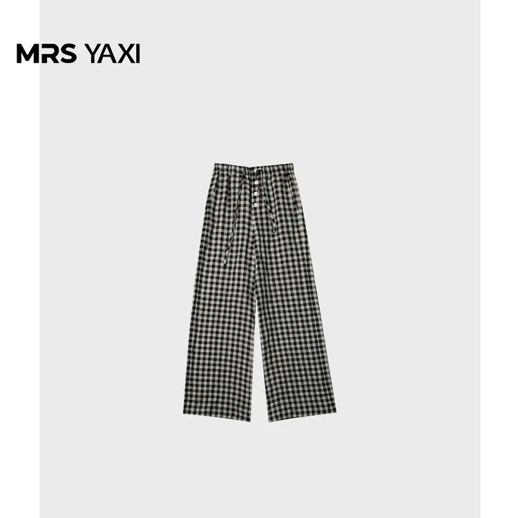 Mrsyaxi经典老钱风亚麻格子裤松紧腰直筒休闲裤YX5061402