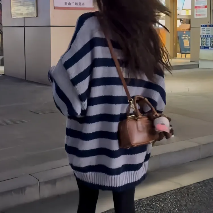 秋季时尚风慵懒风条纹套头卫衣毛衣甜美风针织上衣高级感宽松韩系