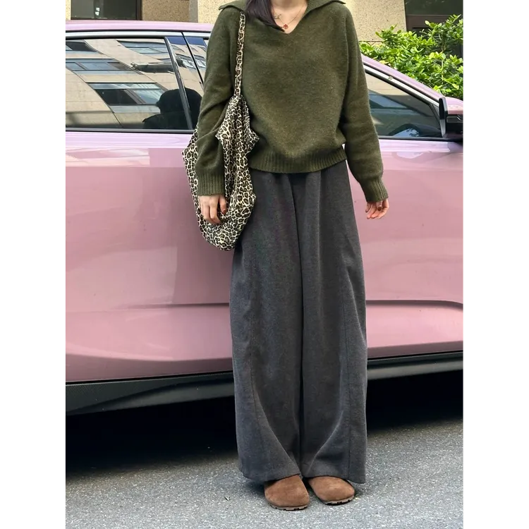 秋冬慵懒风穿搭一整套高级感翻领毛衣搭配垂感阔腿裤两件套装女