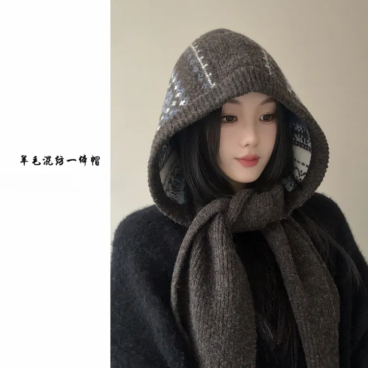 美拉德费尔岛羊毛混纺巴拉克拉法帽女秋冬保暖帽子围脖一体毛线帽