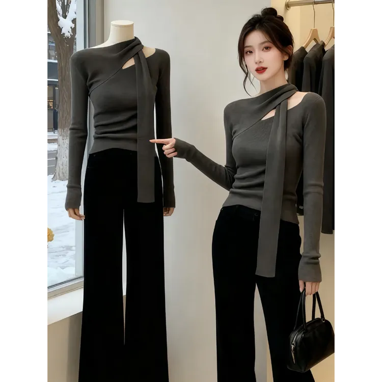 春秋季设计感内搭上衣软糯慵懒风减龄独特别致小香风灰色针织衫女