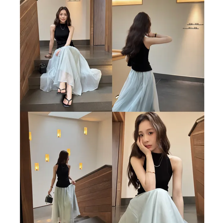 YPP!格蕾少女~韩版百搭显瘦挂脖松弛感挖肩针织背心修身上衣